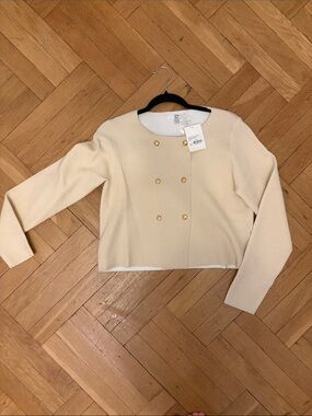 Classic Double-Breasted Cream Cropped Cardigan - Brand Not Visible